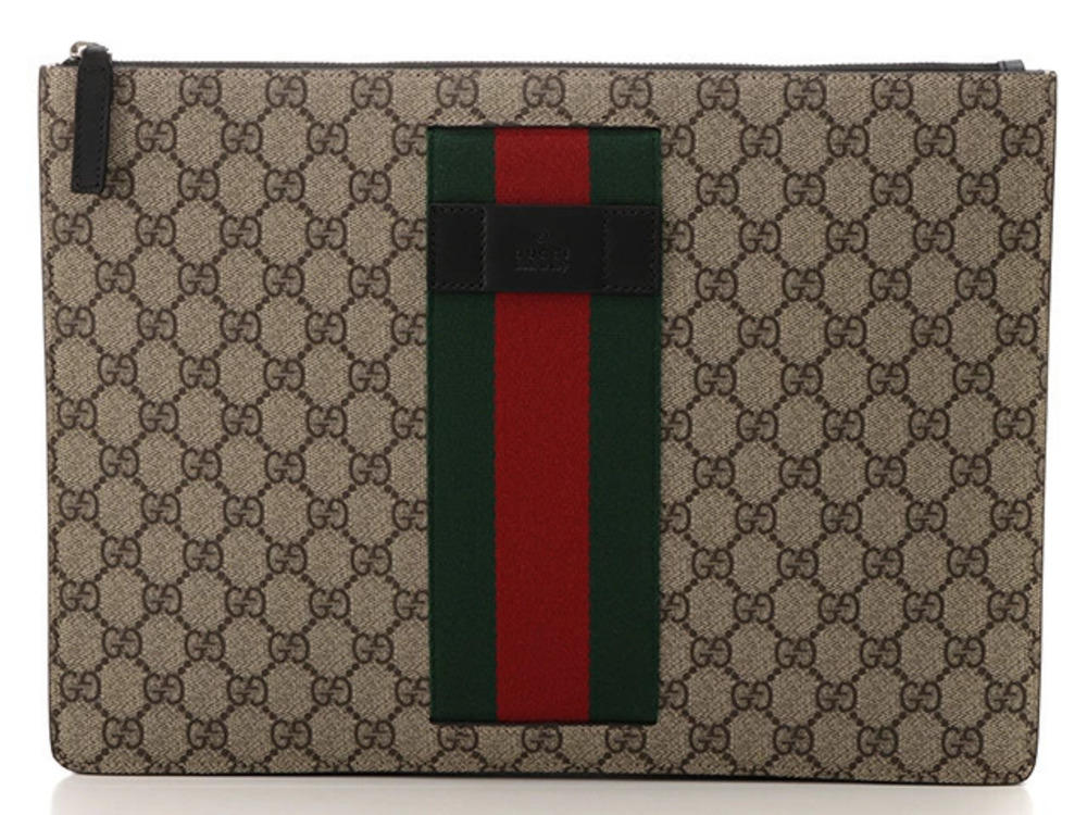 Gucci GG Supreme Sherry Clutch Bag Beige Cream Black Calfskin